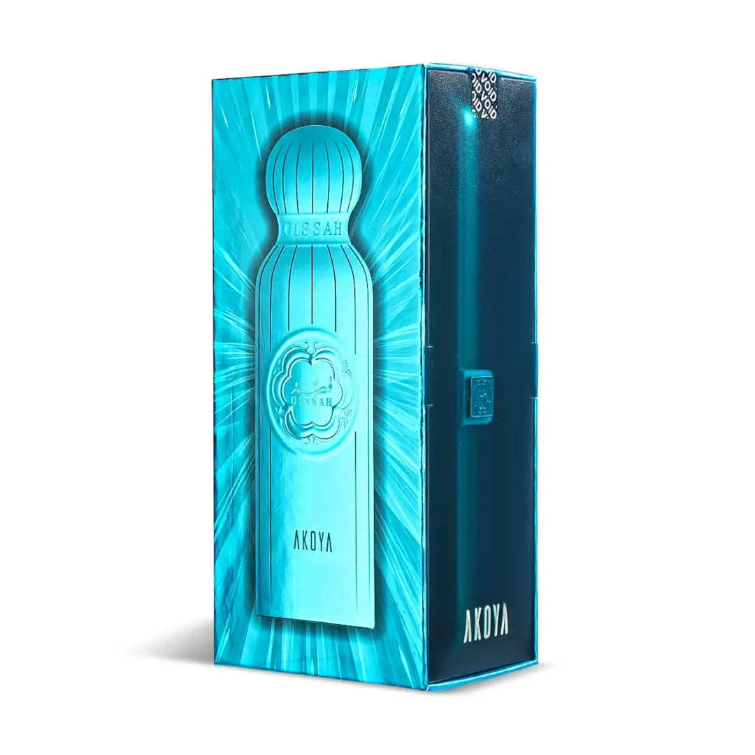 'Akoya' perfume packaging on a white background with 'Gissah' branding