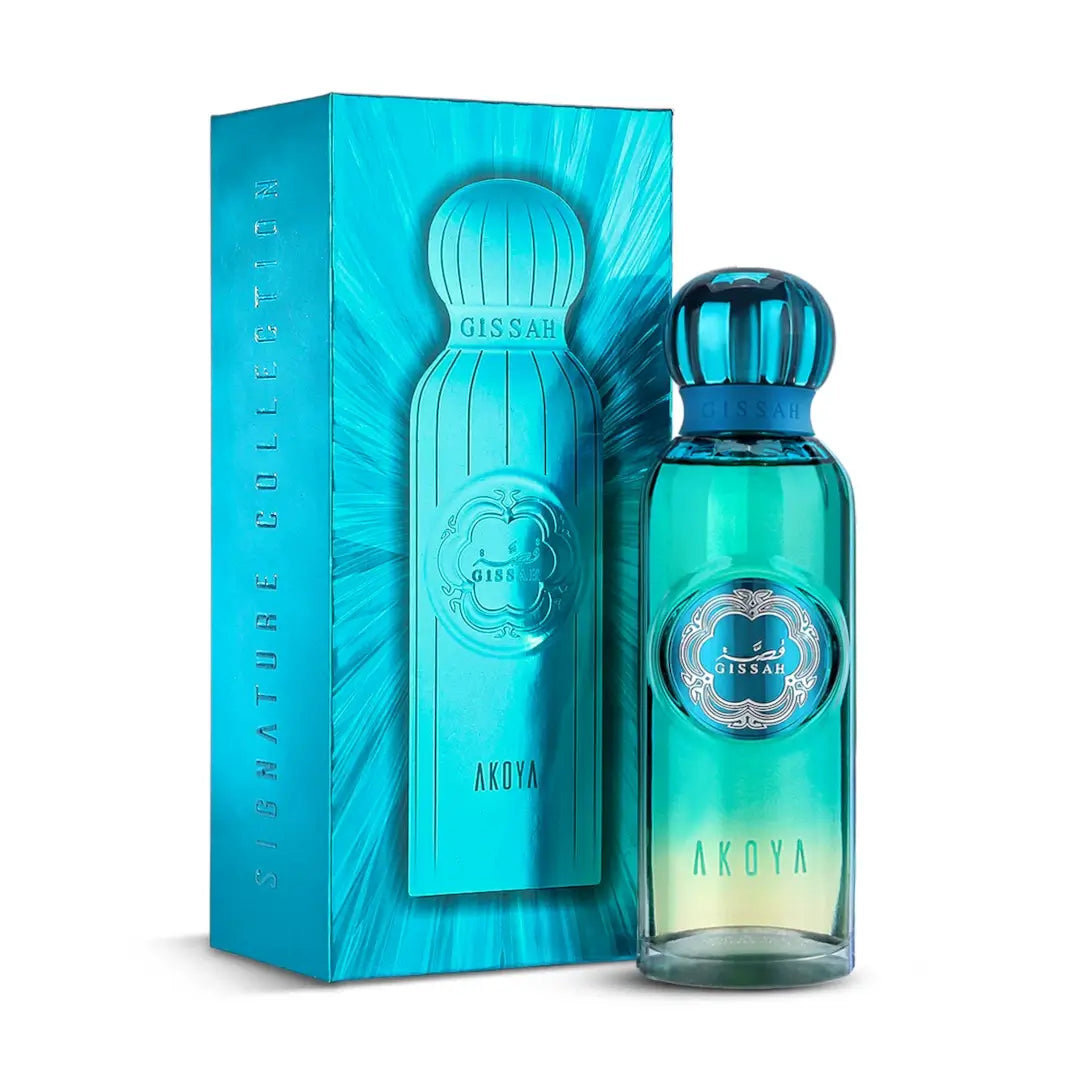 'Akoya' perfume bottle & packaging on a white background with 'Gissah' branding