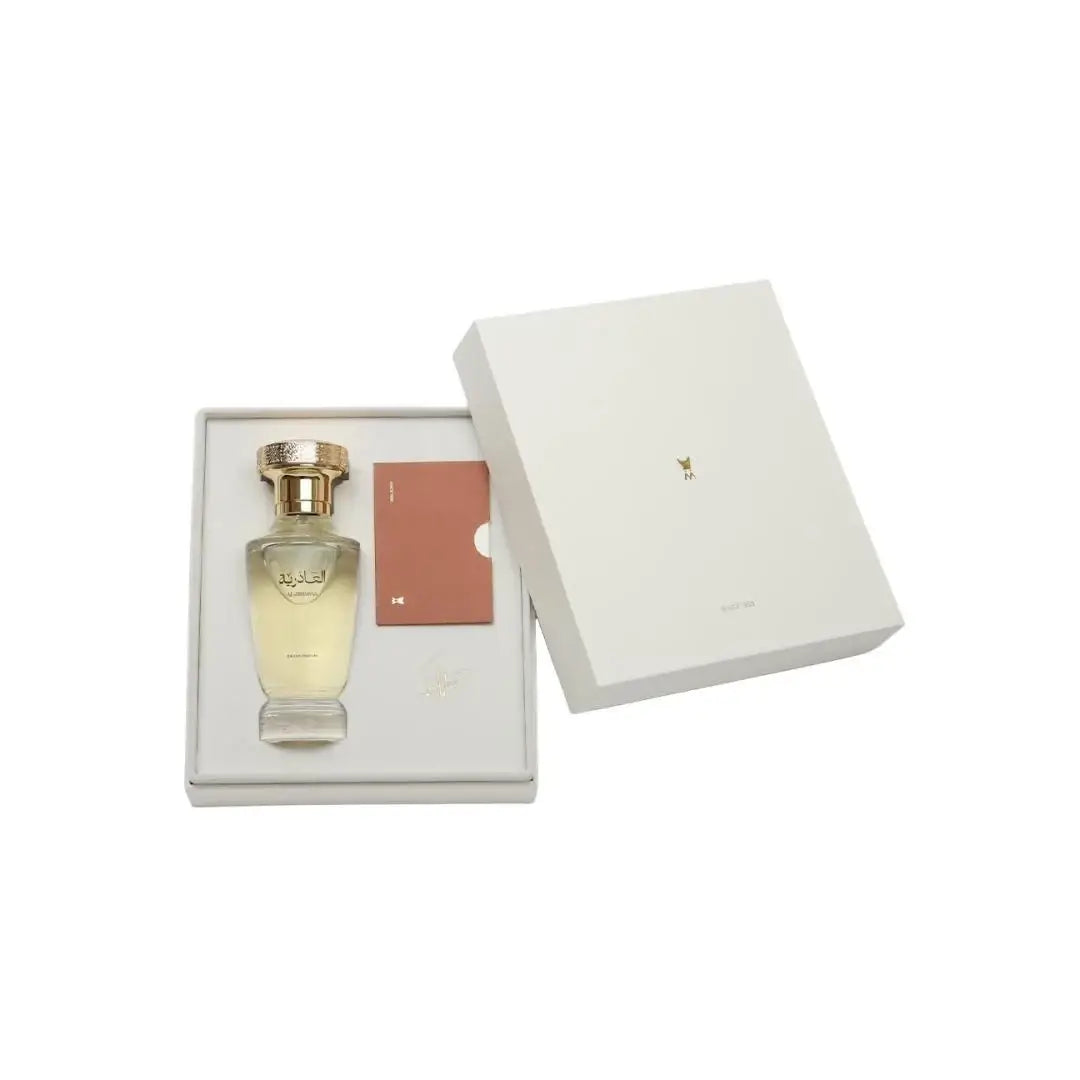 'Al Athariya' Perfume bottle with gold cap in a white box on a white background branded Al Majed Oud