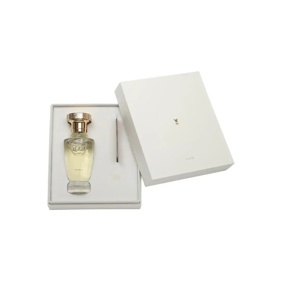 'Al Athariya' Perfume bottle with gold cap in a white box on a white background with Al Majed Oud branding