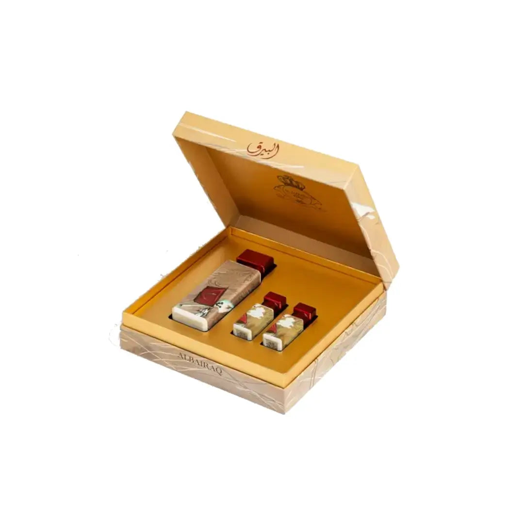 'Al Bairaq' Set of three small bottles in a wooden box on a white background with Al Jazeera Perfumes