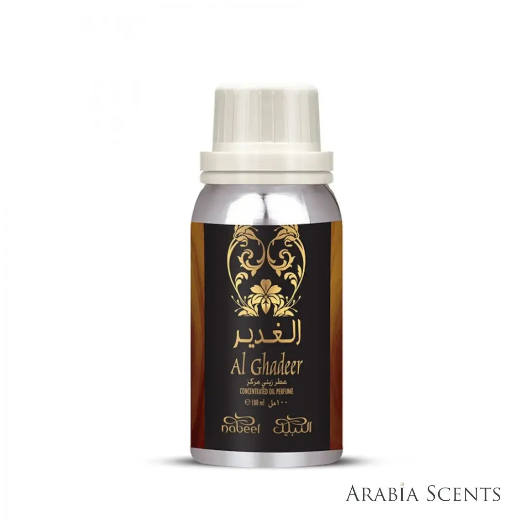 Al Ghadeer Perfume Oil bottle branded Nabeel Perfumes on a white background featured on 'ArabiaScents'