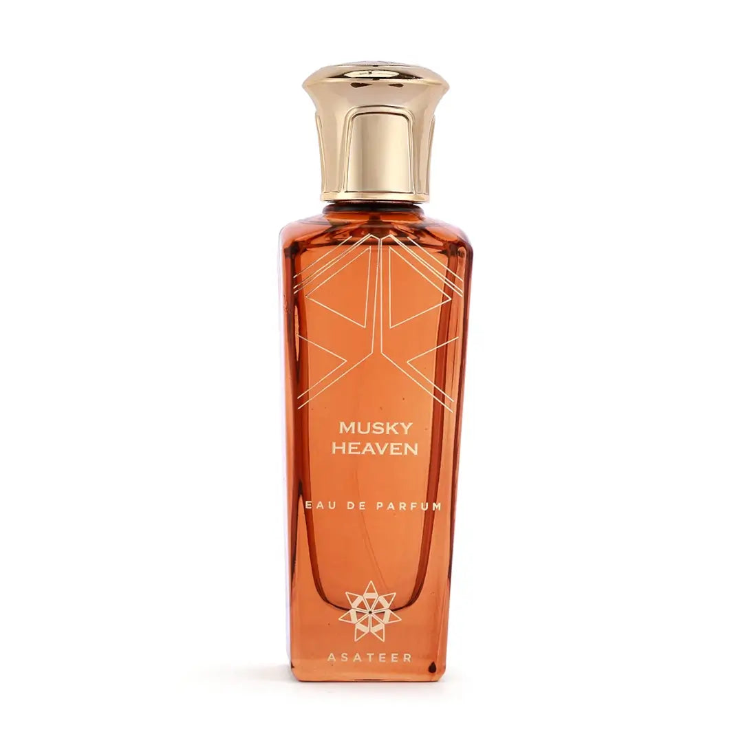 Perfume bottle labeled 'Musky Heaven' with a gold cap on a white background by Asateer