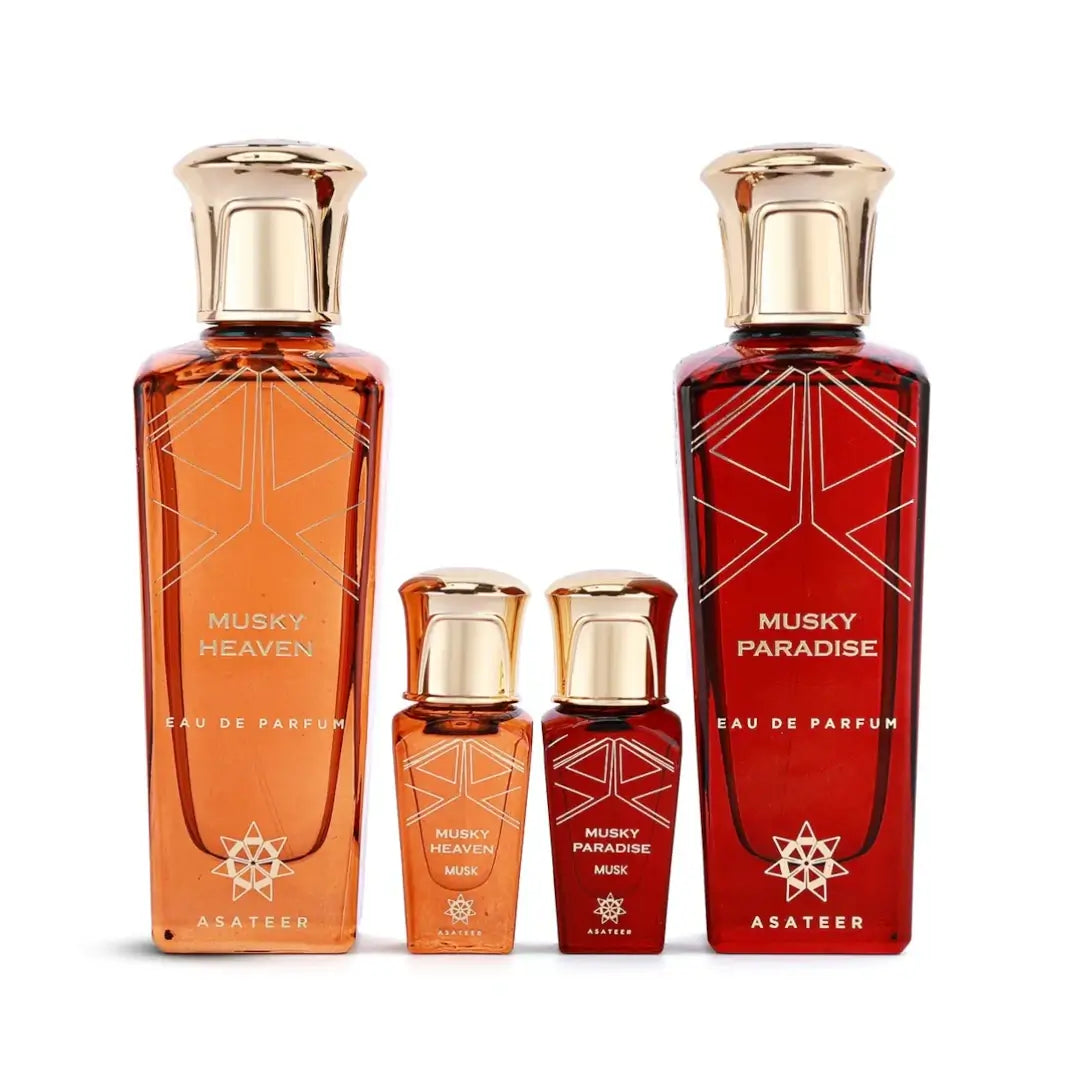 Set of perfume bottles labeled 'Al Ghalia Box 2026' by Asateer on a white background