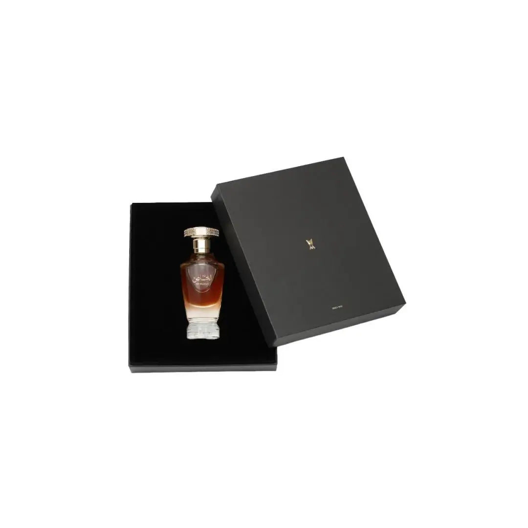 'Al Khass' The Private Perfume bottle in a black box on a white background branded Al Majed Oud