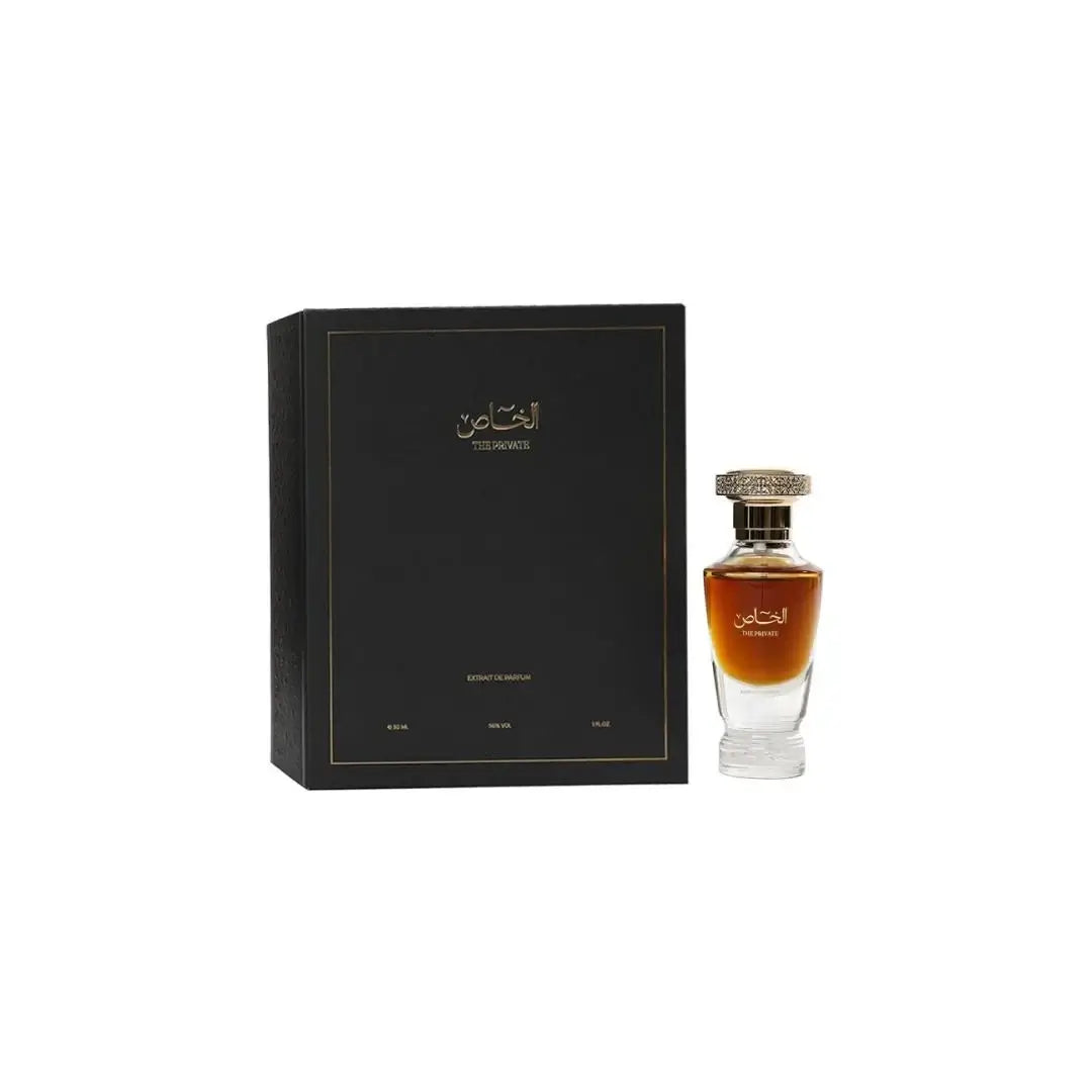 'Al Khass - The Private' Perfume bottle and packaging with a white background with Al Majed Oud branding
