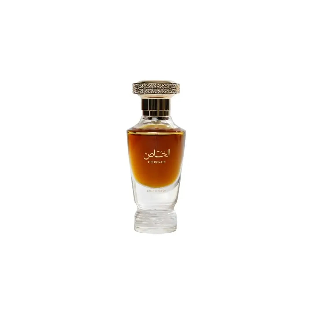 'The Private' Al Khass Perfume bottle with decorative cap on a white background with Al Majed Oud branding
