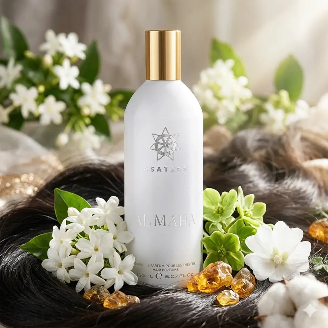 'Al Maha' Hair Mist perfume bottle  with 'Asateer' branding