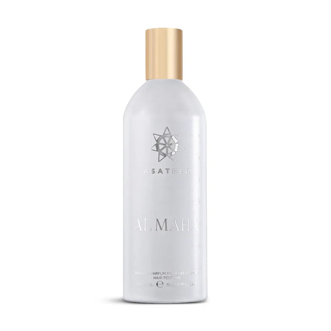 'Al Maha' Hair Mist perfume bottle in a white background with 'Asateer' branding