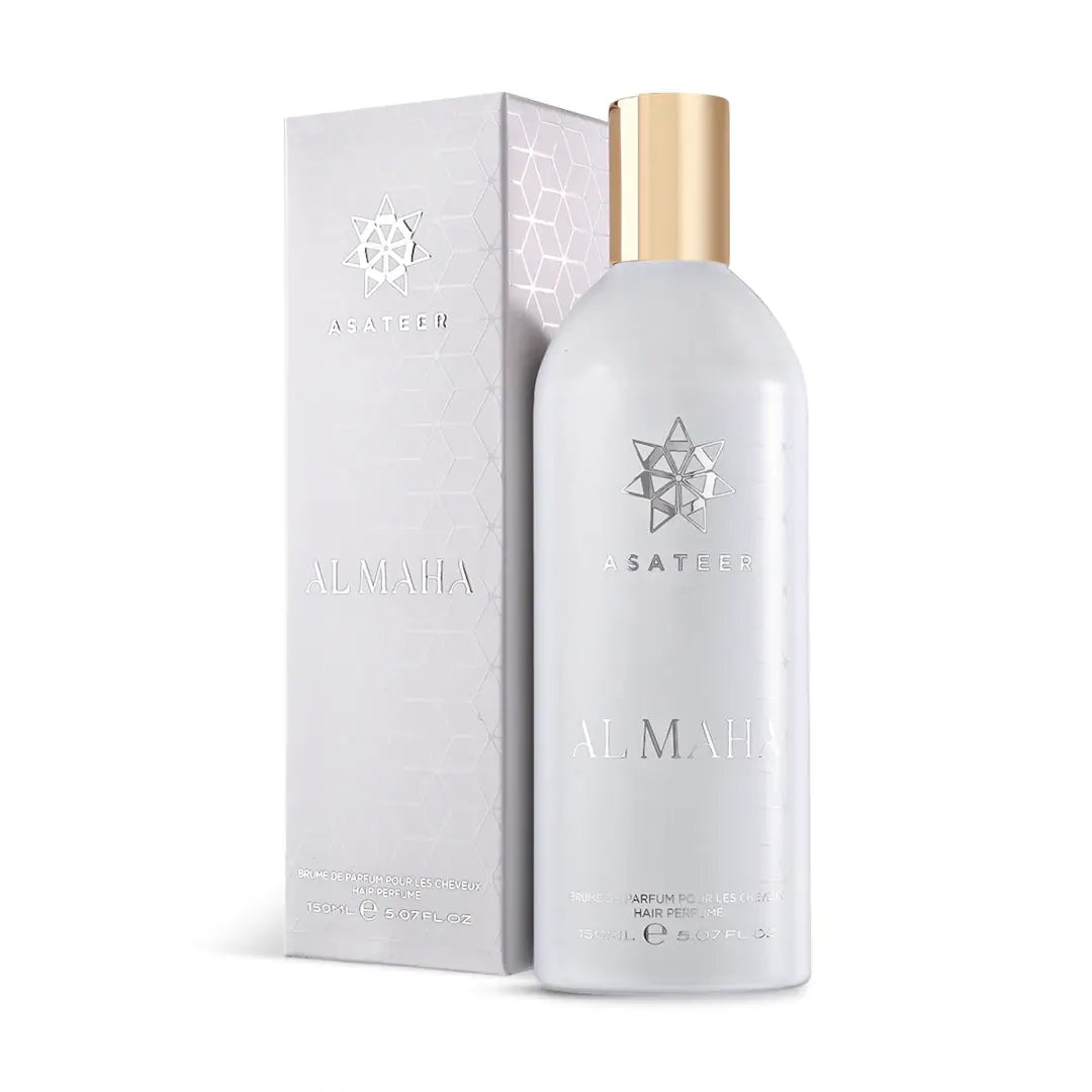 'Al Maha' Hair Mist perfume bottle & packaging in a white background with 'Asateer' branding