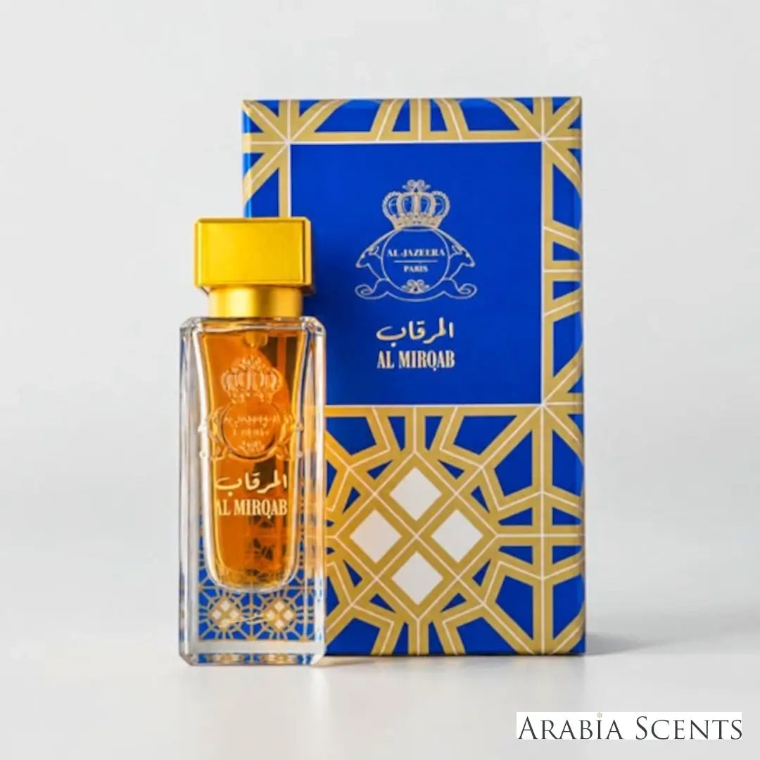'Al Mirqab' perfume bottle & packaging  on a white background with 'Al Jazeera' branding featured by 'Arabiascents'