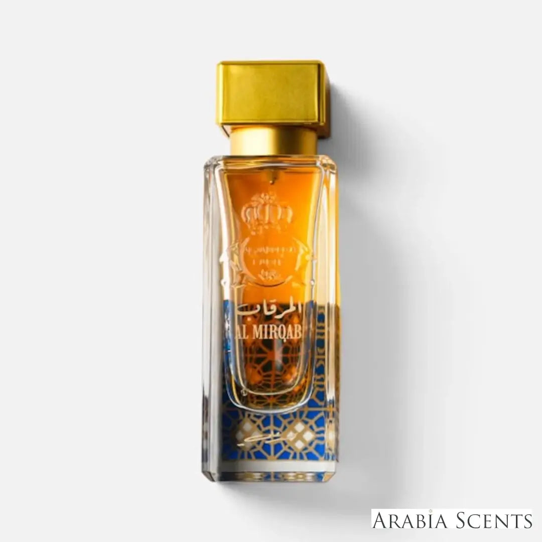 'Al Mirqab' perfume bottle on a white background with 'Al Jazeera' branding featured by 'Arabiascents'