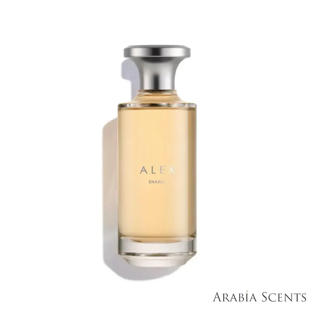 'Alex Enable' perfume bottle on a white background with 'Assaf' branding featured by 'Arabiascents' 