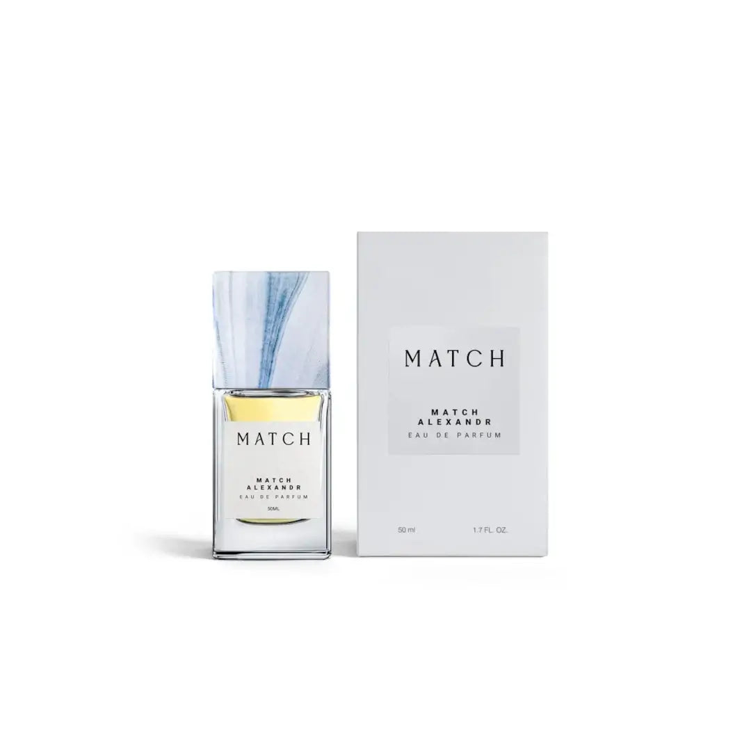 'Alexandr' perfume bottle & packaging in a white background with 'Match' branding