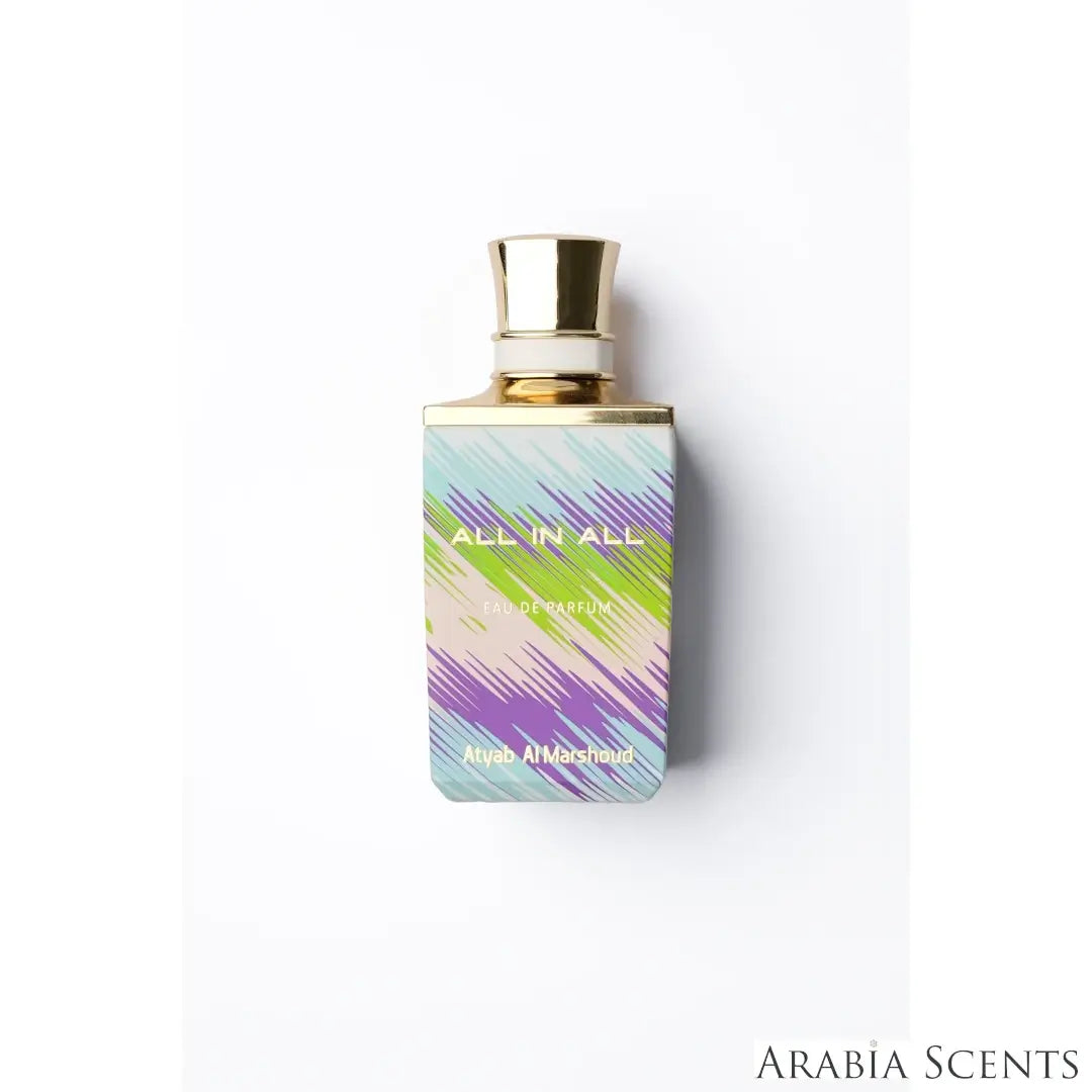 'All In All' perfume bottle on a white background with 'Atyab Al Marshoud' branding featured by 'Arabiascents'