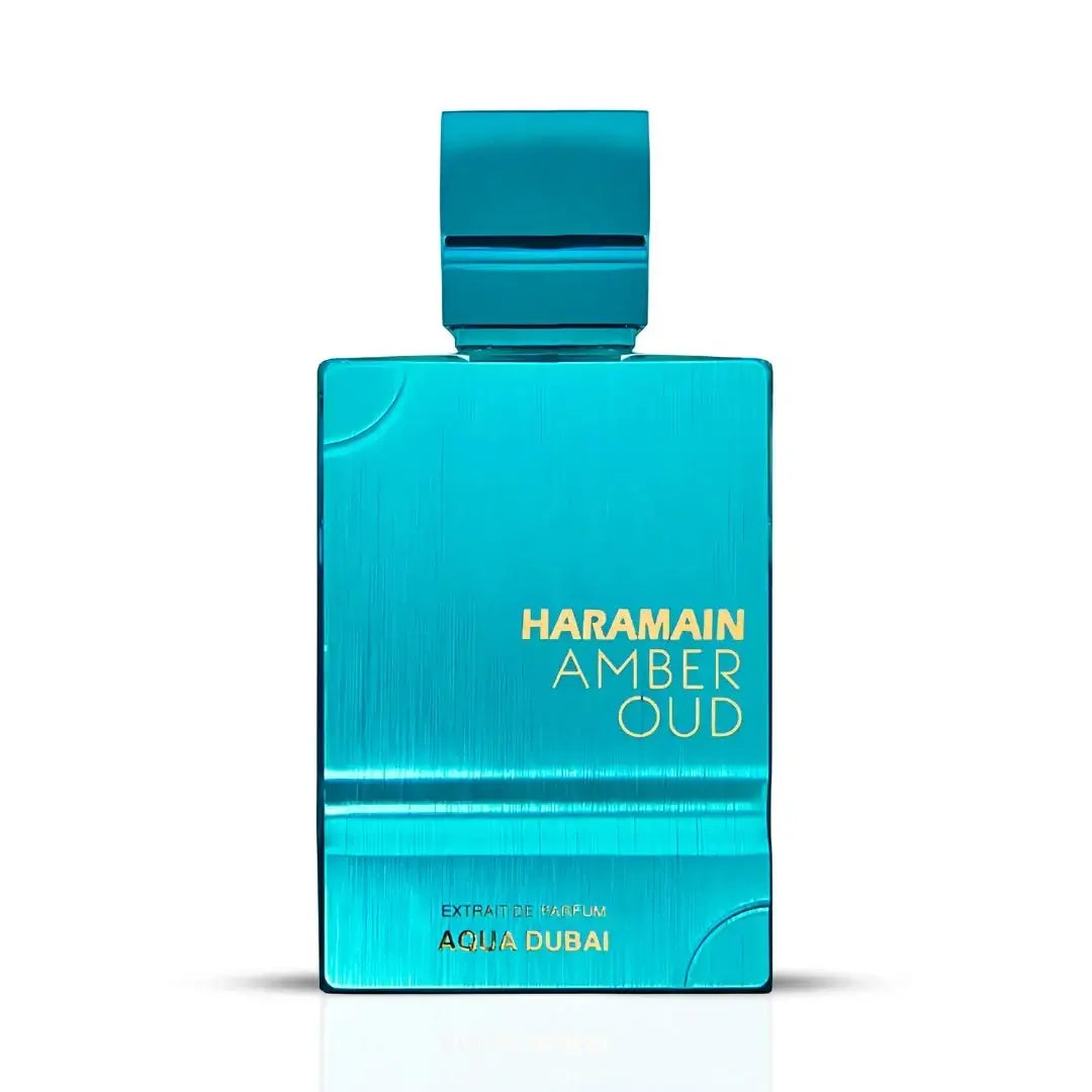 Blue perfume Al Haramain Amber Oud Aqua Dubai on a white background
