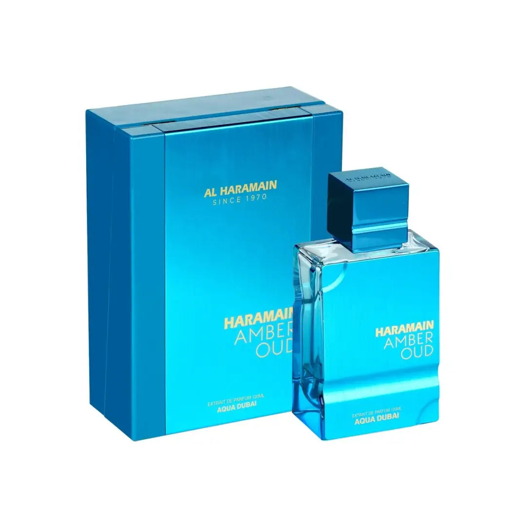 Al Haramain Amber Oud Aqua Dubai perfume bottle and packaging on a white background