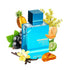 Blue perfume bottle labeled 'Haramain Amber Oud Aqua Dubai' surrounded by fruits, flowers, and leaves on a white background