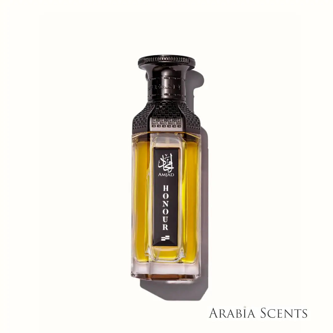 Amjad Honour gold and black perfume bottle branded by Faan Perfumes on a white background featured by 'ArabiaScents'