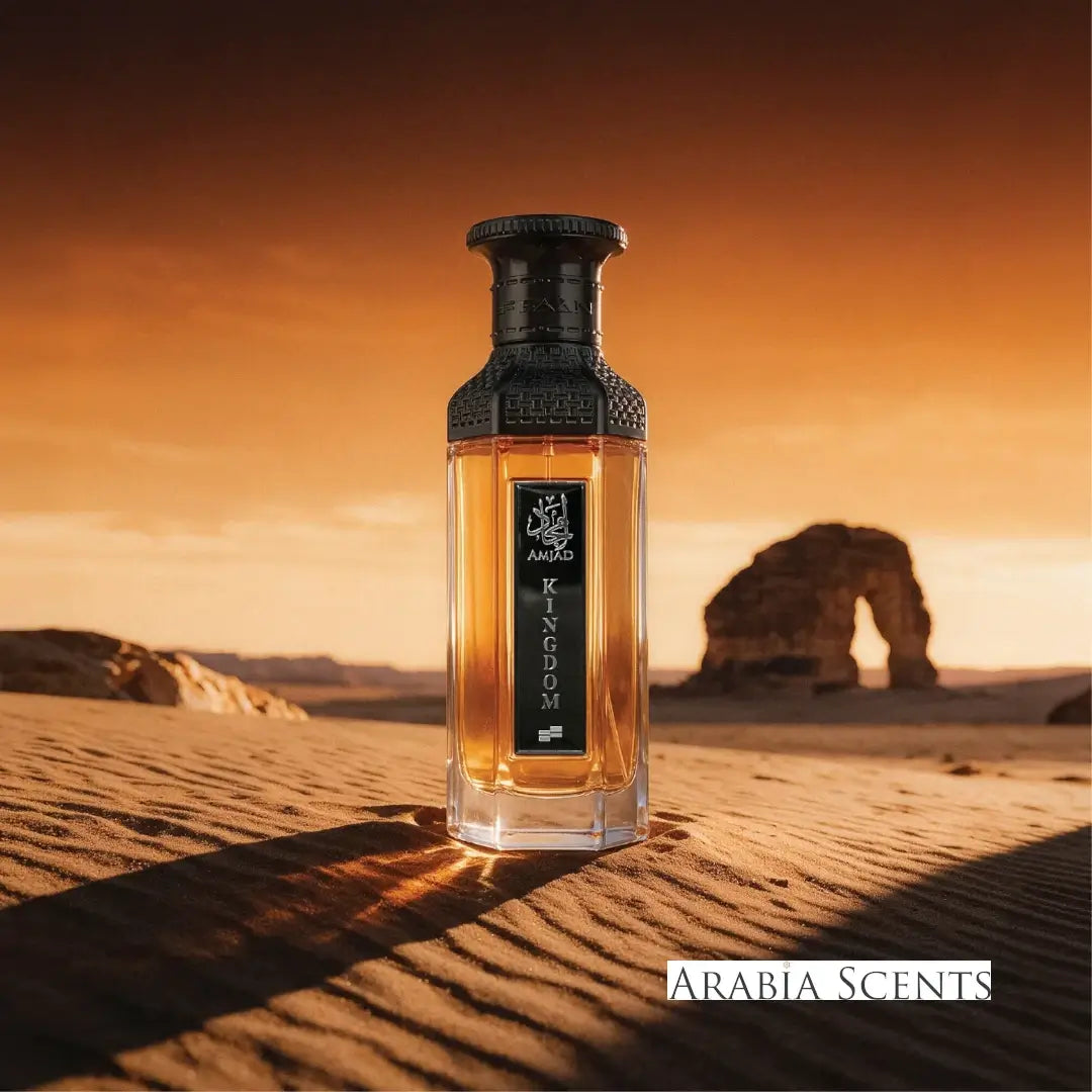 Amjad Kingdom Perfume bottle on  sand dunes background branded Faan Perfumes featured on 'ArabiaScents'