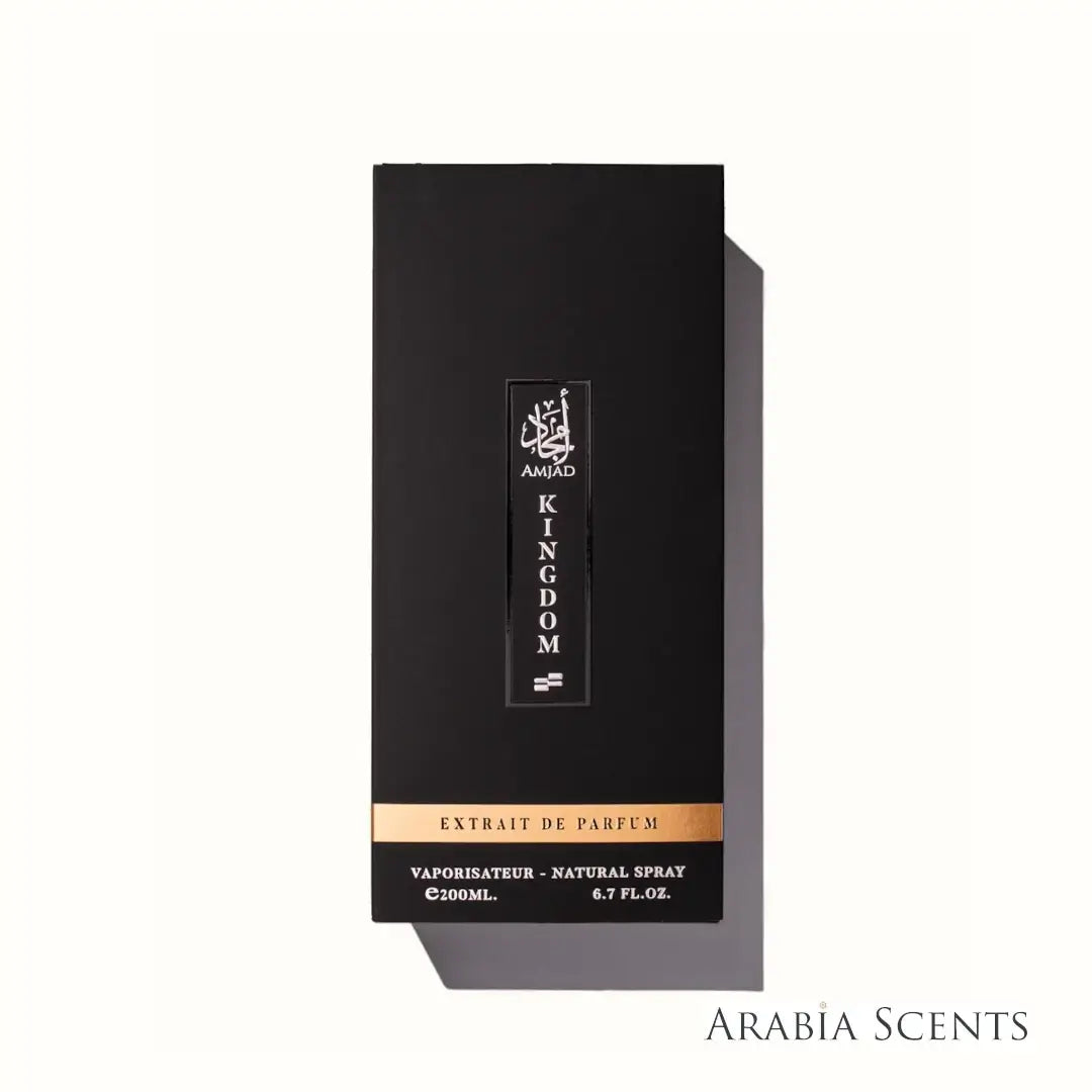 Amjad Kingdom Perfume packaging on a white background branded Faan Perfumes featured by 'ArabiaScents'
