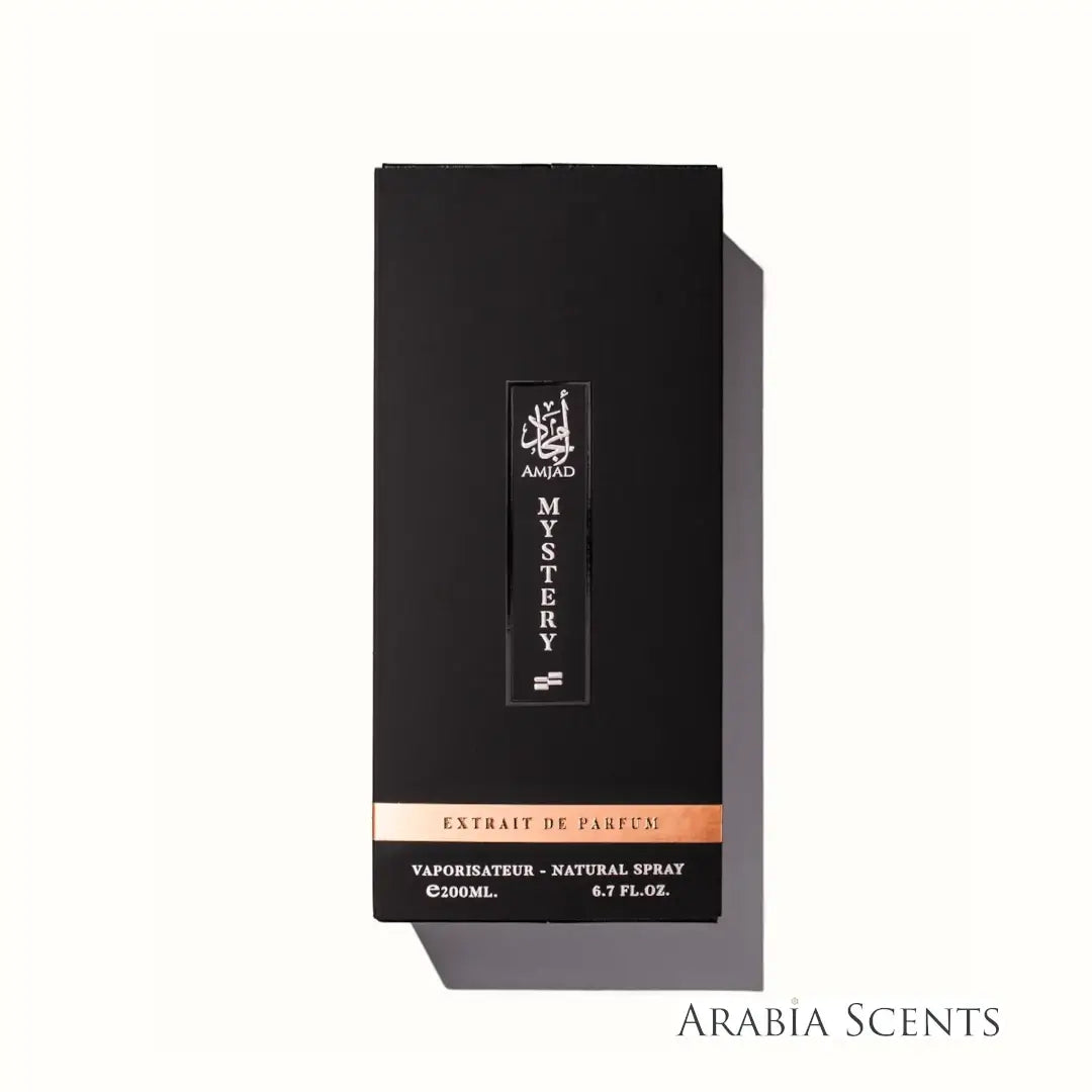 Mystery Extrait de Parfum elegant perfume box branded Faan Perfumes on a white background featured on 'ArabiaScents'