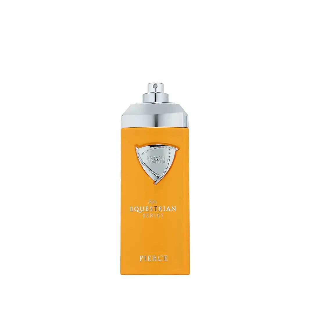An Equestrian Series Pierce Orange perfume bottle cap off on a white background with French Avenue branding