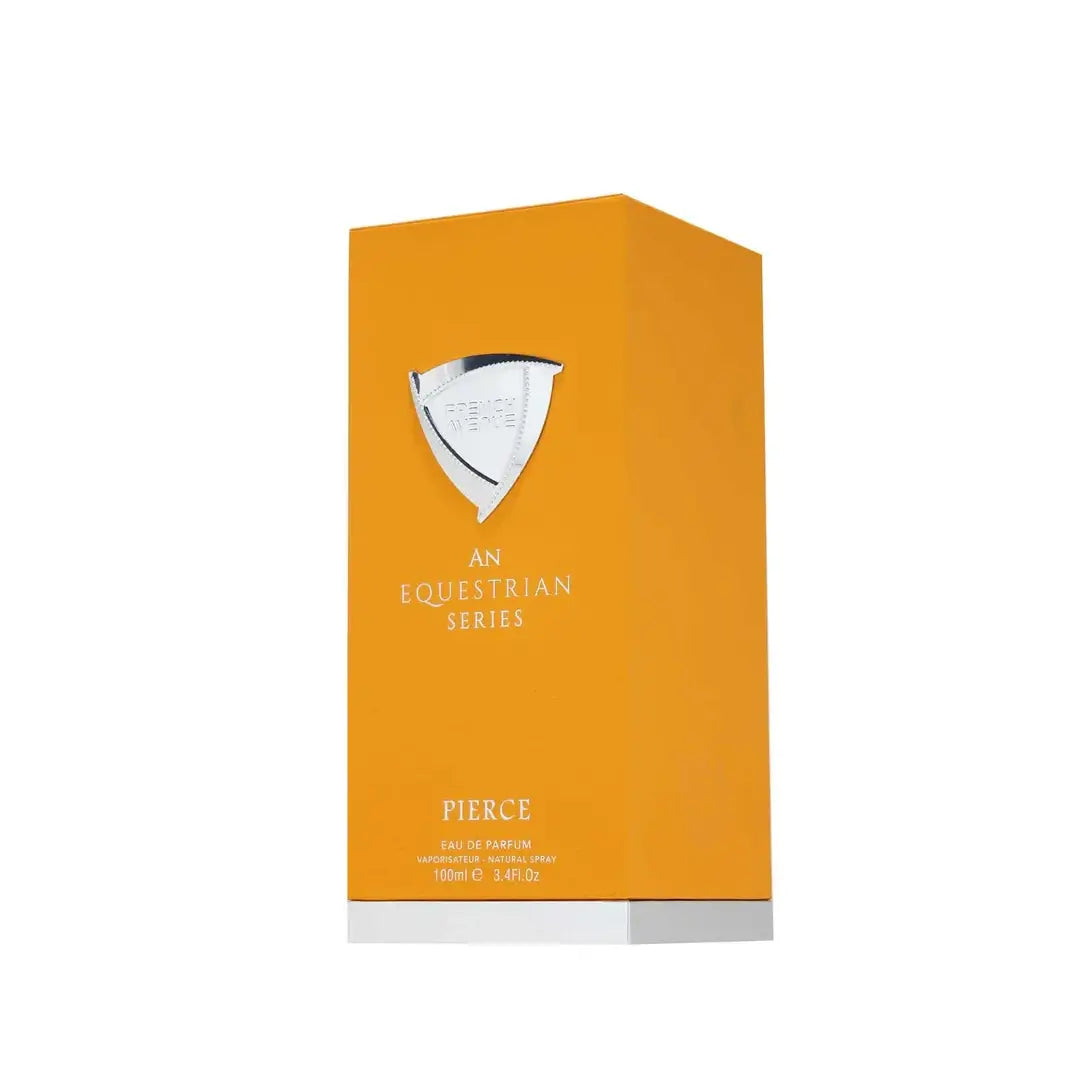 Orange box of Pierce Equestrian Pierce perfume on a white background with French Avenue branding