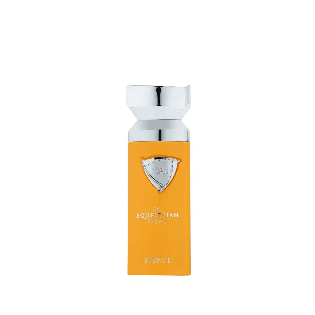 An Equestrian Series Pierce Orange perfume bottle with silver cap on a white background with French Avenue branding