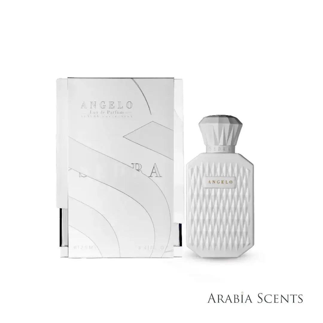 'Angelo' perfume bottle & packaging on a white background with 'Sedra' branding featured by 'Arabiascents'