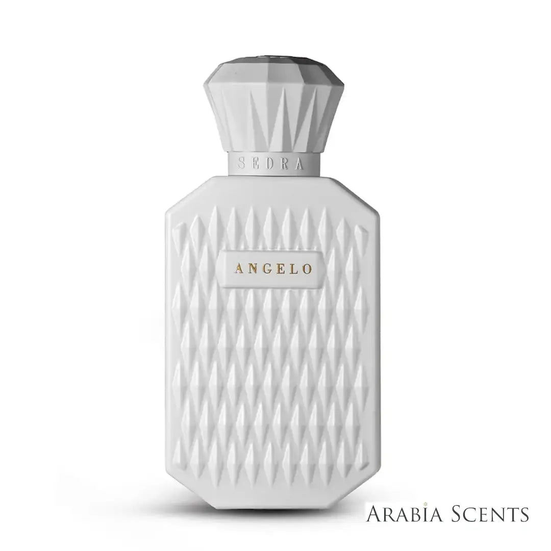 'Angelo' perfume bottle on a white background with 'Sedra' branding featured by 'Arabiascents'