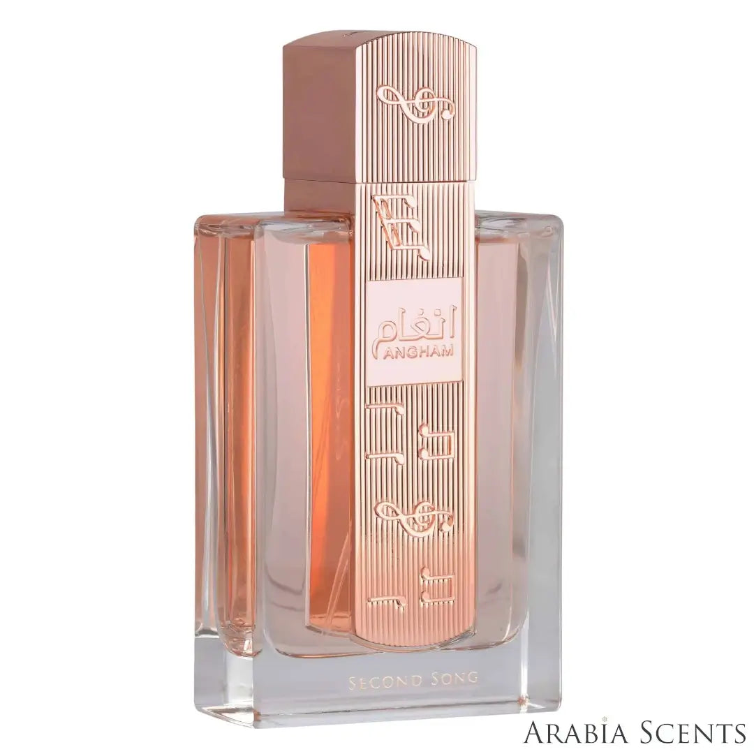 'Angham Second Song' perfume bottle on a white background with 'Lattafa' branding featured by 'Arabiascents'