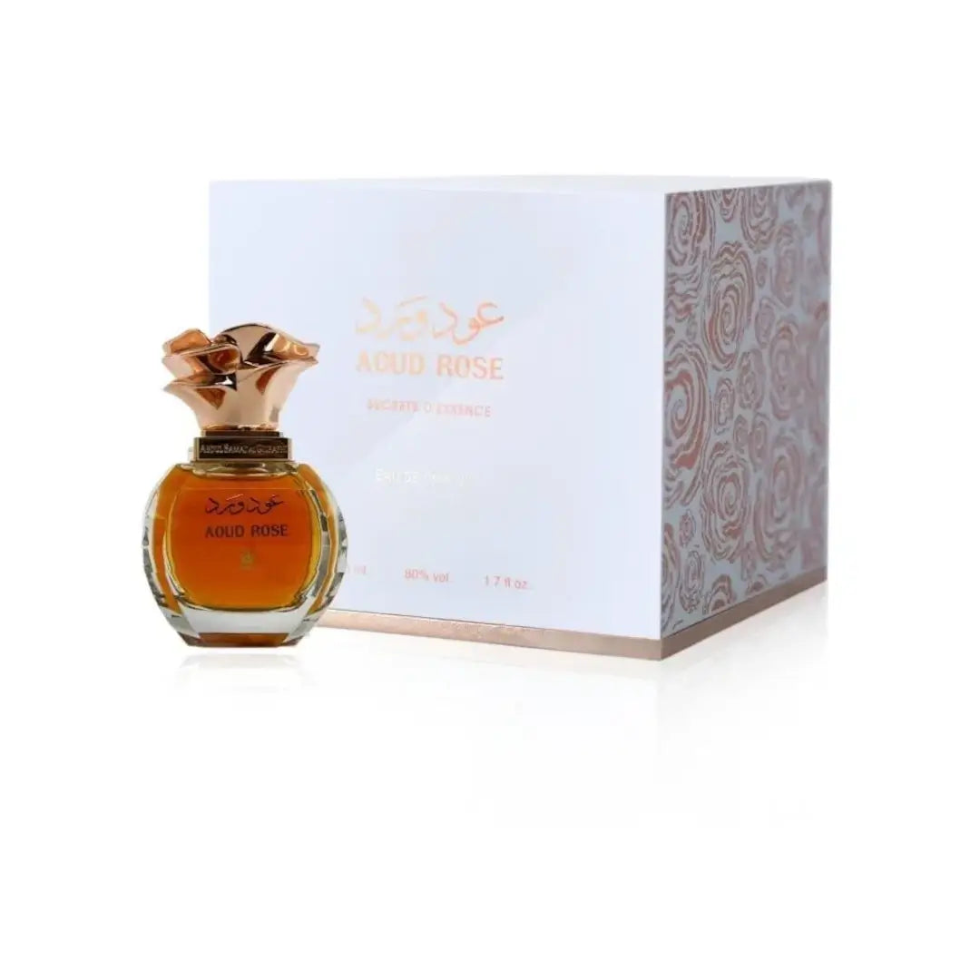'Aoud Rose' perfume bottle & packaging in a white background with 'ASQ' branding