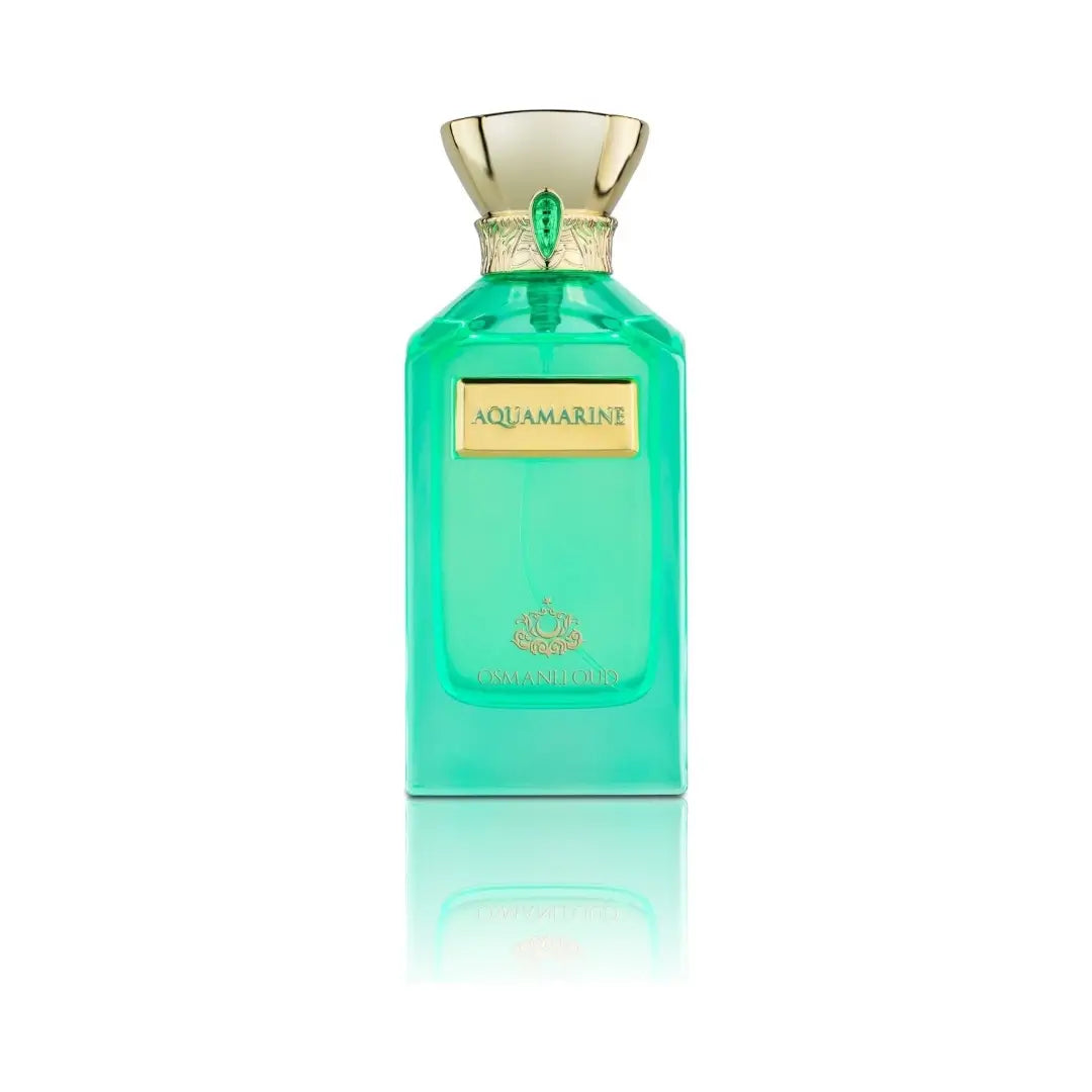 Green perfume bottle labeled 'Aquamarine' on a white background with Osmanli Oud branding