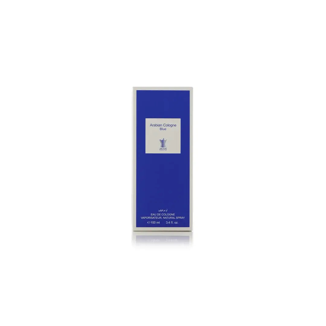 Arabian Cologne Blue perfume bottle with blue cap and label on a white background by Arabian oud @ ArabiaScents