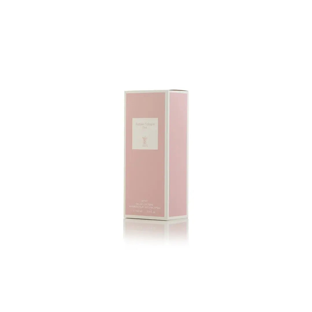 Arabian Cologne Pink perfume bottle with pink cap and label on a white background by Arabian oud @ ArabiaScents