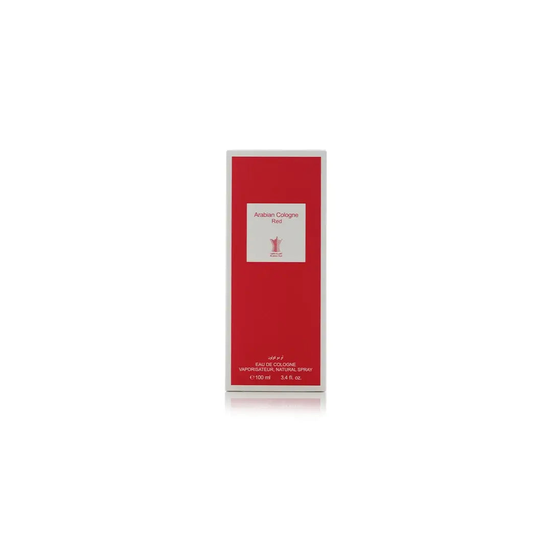 Arabian Cologne Red Perfume bottle with red cap and label on a white background by Arabian oud @ ArabiaScents