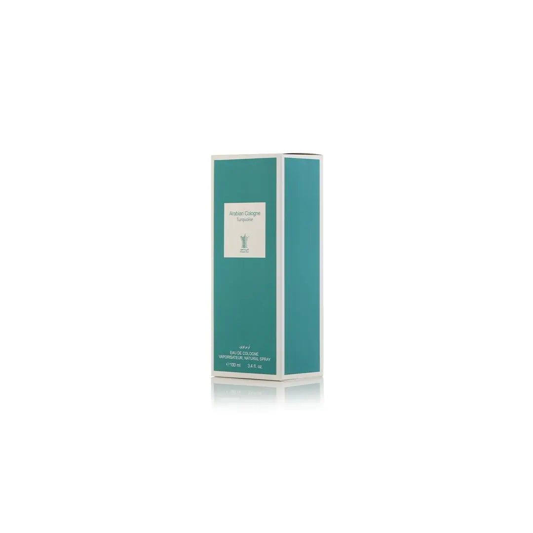 Arabian Cologne Turquoise Perfume bottle and packaging with a green color scheme on a white background by Arabian Oud @ ArabiaScents