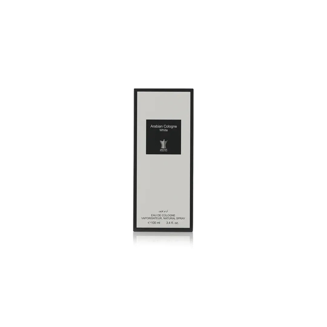 Arabian Cologne White perfume bottle with white cap and label on a white background by Arabian oud @ ArabiaScents
