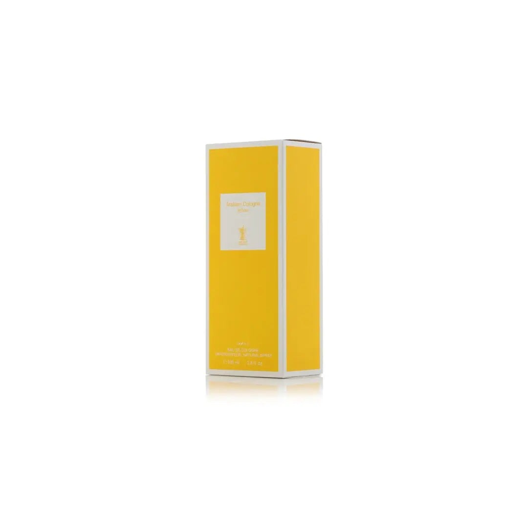 Arabian Cologne Yellow perfume bottle with yellow cap and label on a white background by Arabian oud @ ArabiaScents