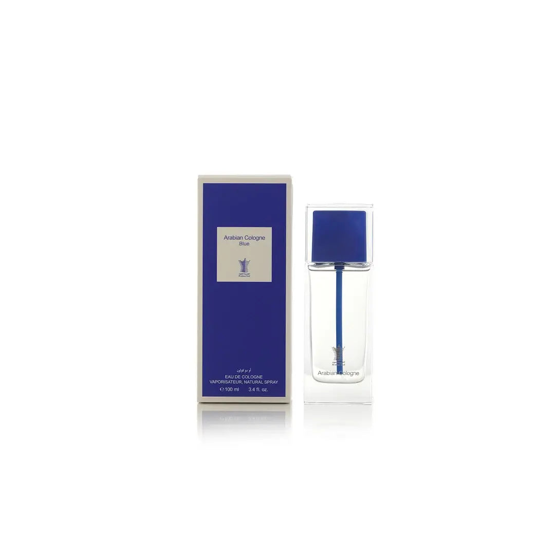 Arabian Cologne Blue perfume bottle with blue cap and label on a white background by Arabian oud @ ArabiaScents