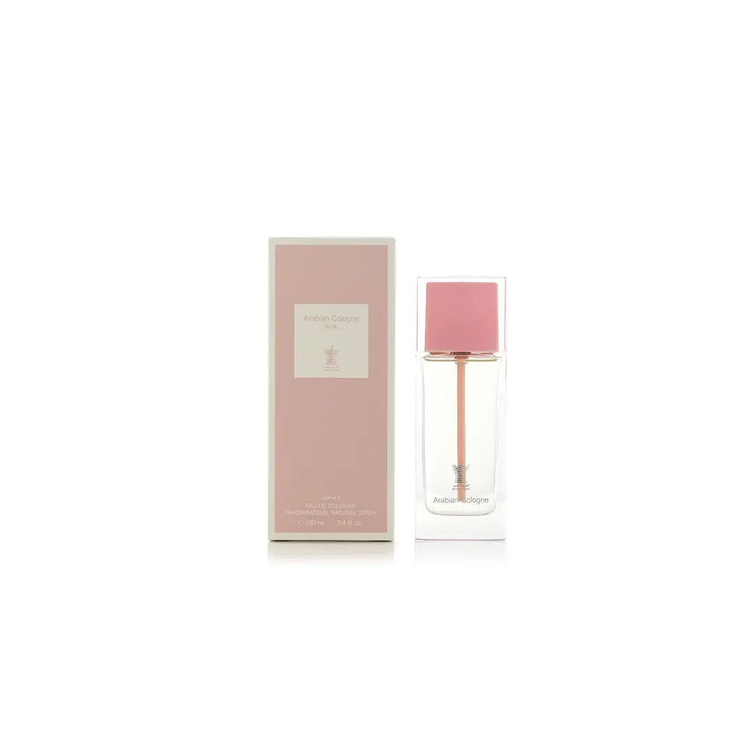 Arabian Cologne Pink perfume bottle with pink cap and label on a white background by Arabian oud @ ArabiaScents