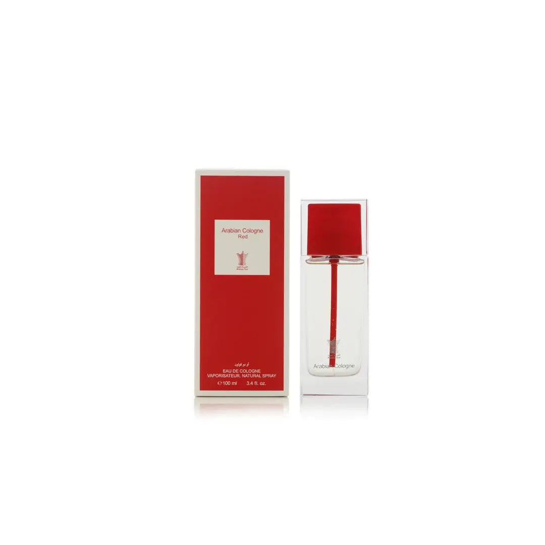Arabian Cologne Red Perfume bottle with red cap and label on a white background by Arabian oud @ ArabiaScents