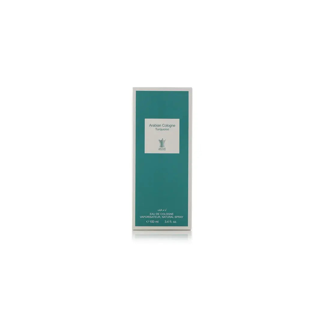 Arabian Cologne Turquoise Perfume bottle and packaging with a green color scheme on a white background by Arabian Oud @ ArabiaScents