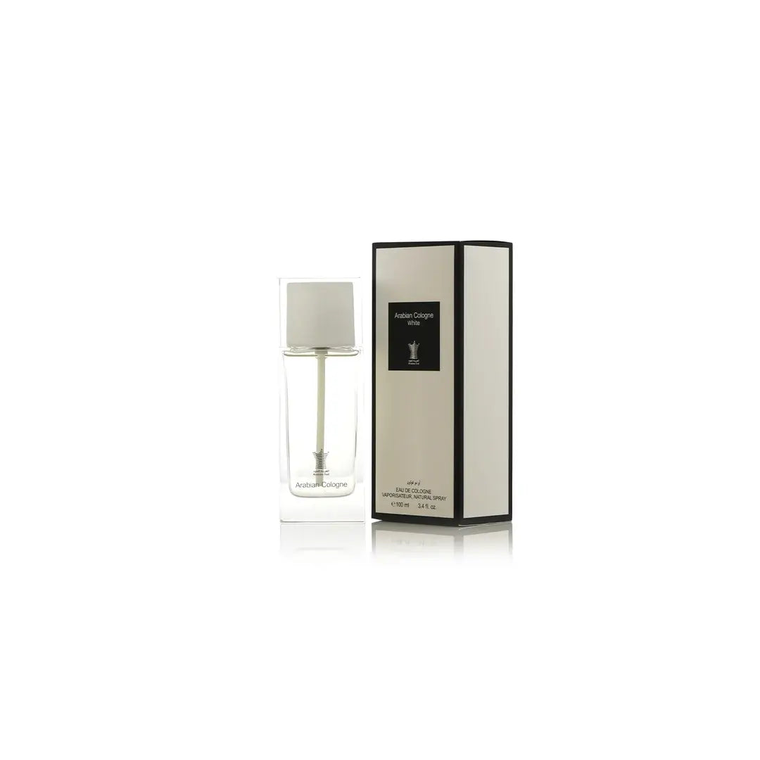 Arabian Cologne White perfume bottle with white cap and label on a white background by Arabian oud @ ArabiaScents