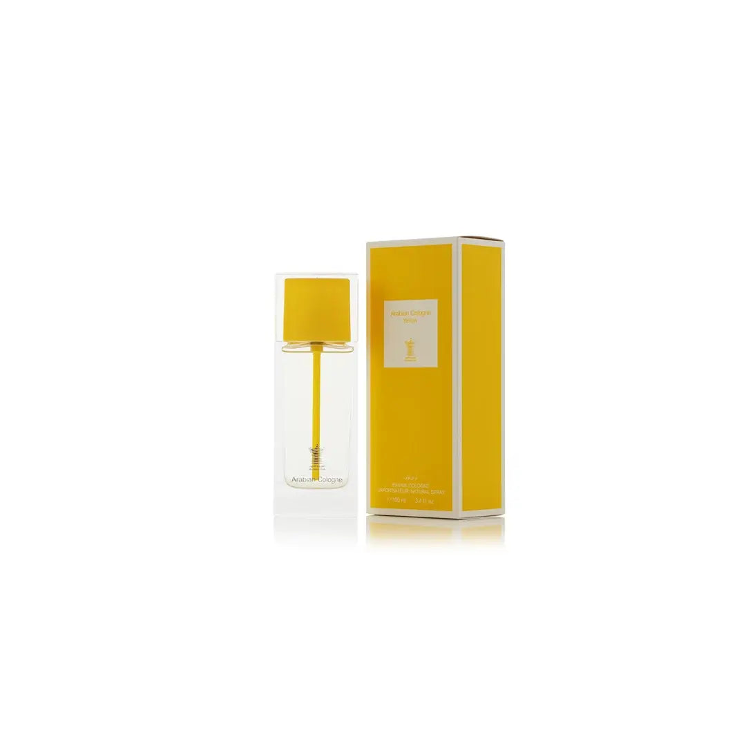 Arabian Cologne Yellow perfume bottle with yellow cap and label on a white background by Arabian oud @ ArabiaScents