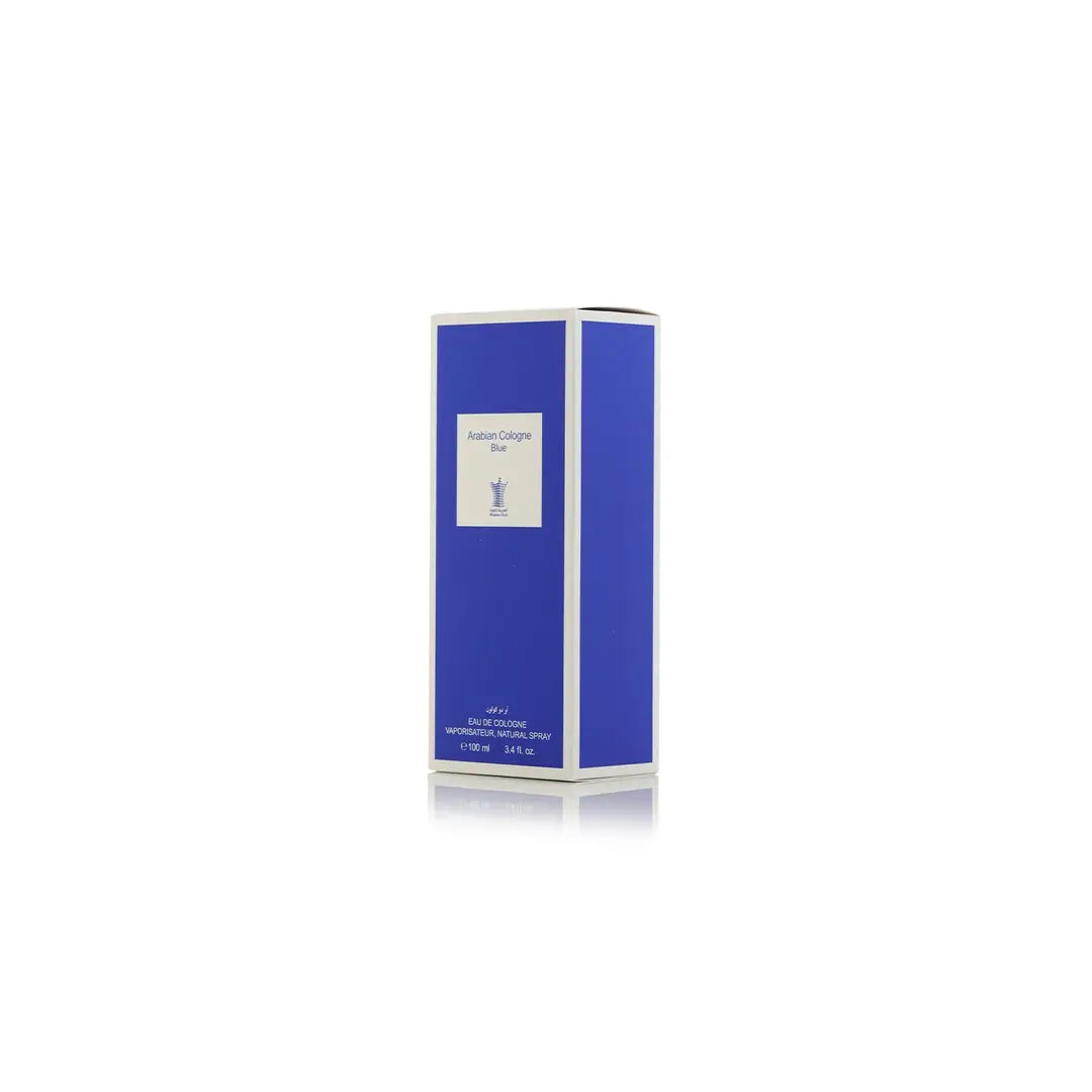 Arabian Cologne Blue perfume bottle with blue cap and label on a white background by Arabian oud @ ArabiaScents