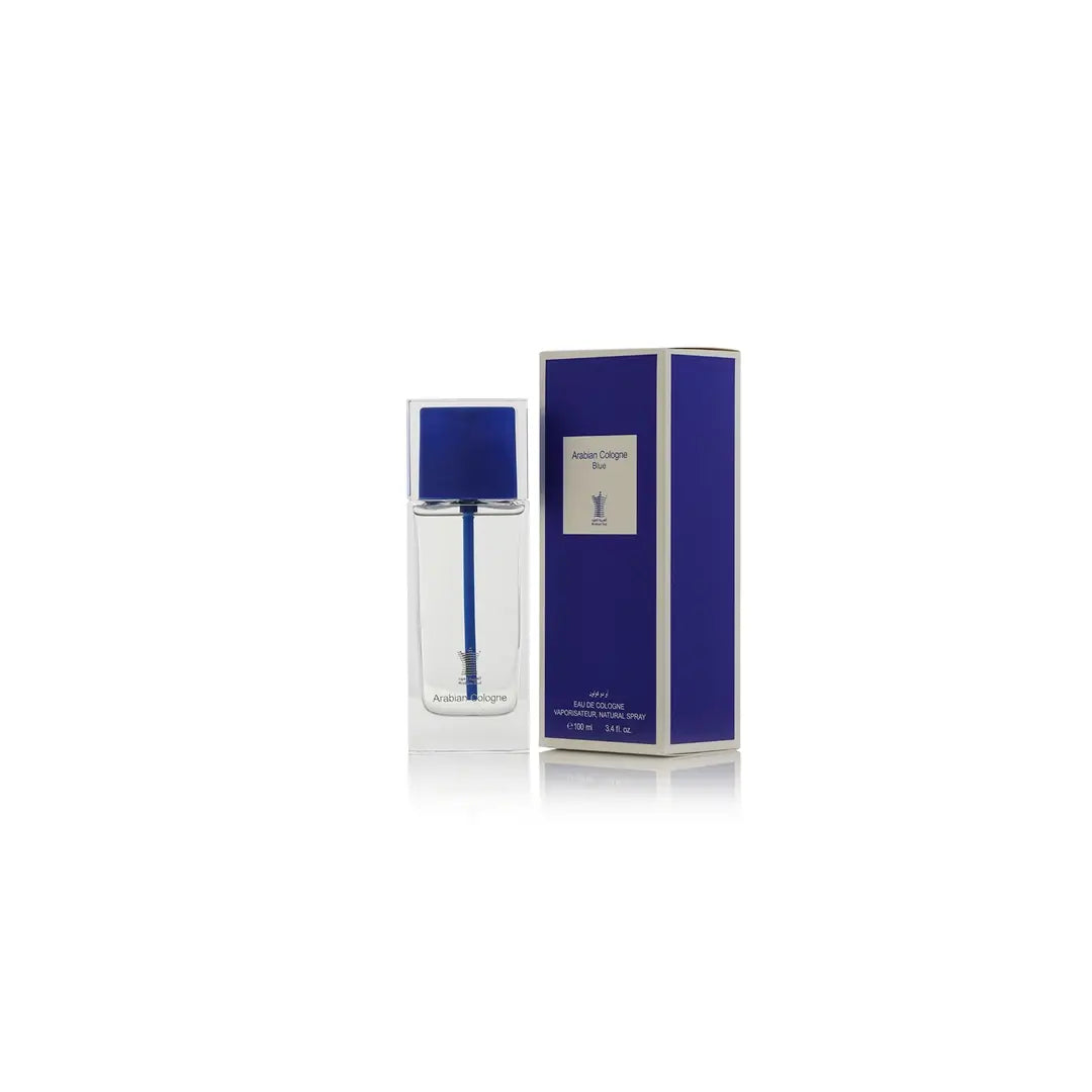 Arabian Cologne Blue perfume bottle with blue cap and label on a white background by Arabian oud @ ArabiaScents