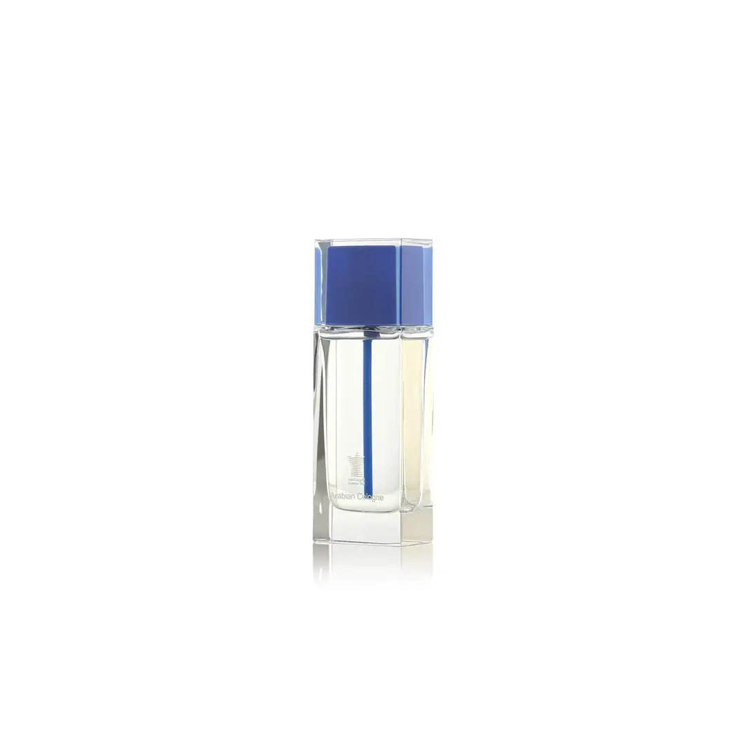 Arabian Cologne Blue perfume bottle with blue cap and label on a white background by Arabian oud @ ArabiaScents