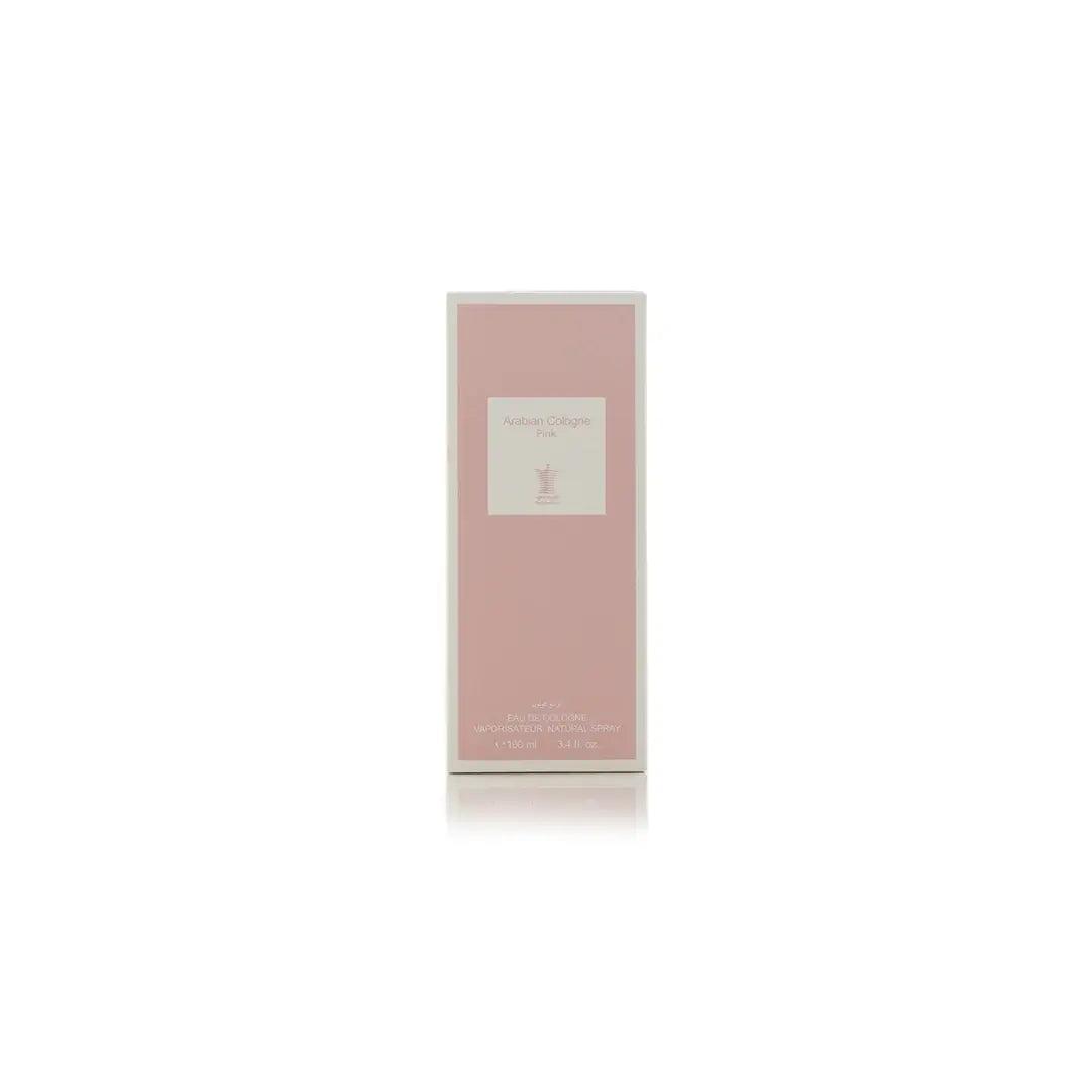 Arabian Cologne Pink perfume bottle with pink cap and label on a white background by Arabian oud @ ArabiaScents